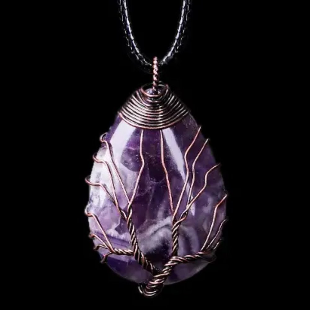 Amethyst Natural Gemstone Tree Of Life Copper Wire Wrap Pendant Necklace